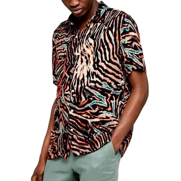 Topman Slim Fit Tiger Animal Print Shirt Sleeve Button Up Shirt, Mens Small - Picture 1 of 4